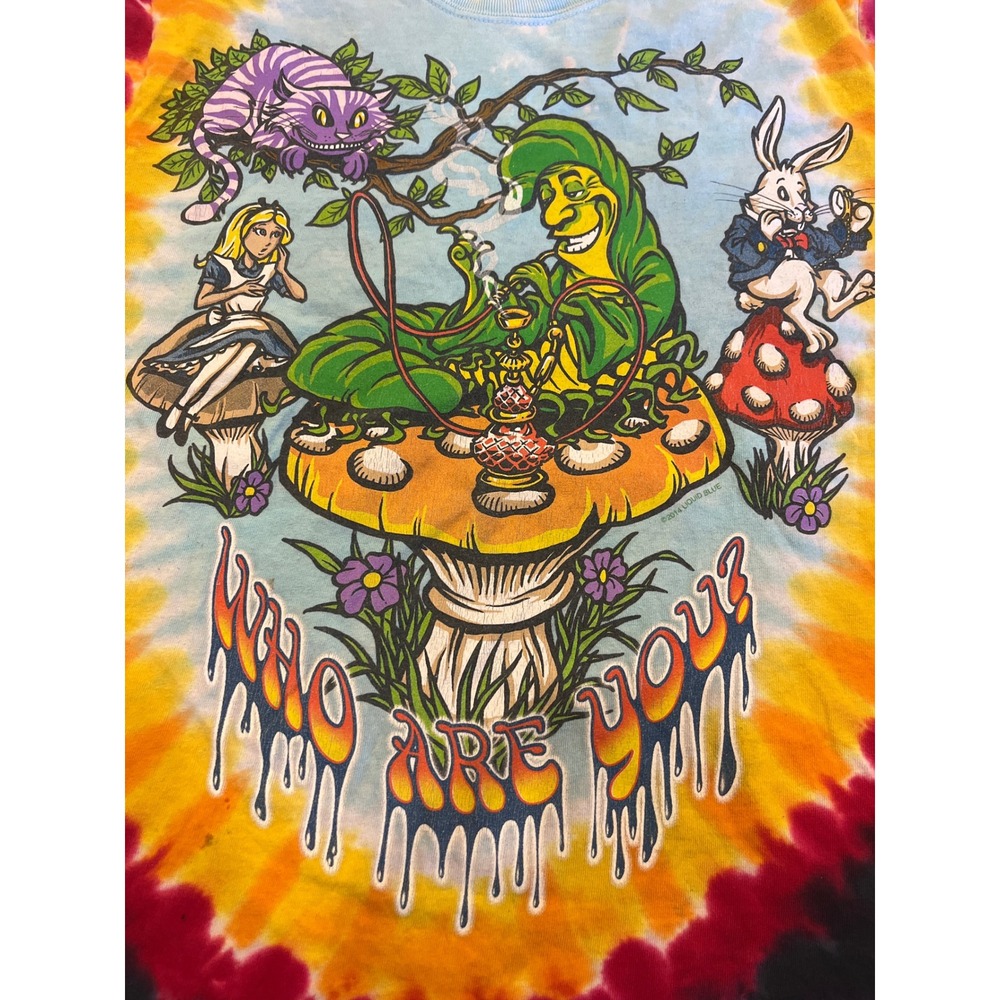 Liquid Blue Alice in Wonderland Tie Dye Graphic T-Shirt Who Are You Mad Hatter M